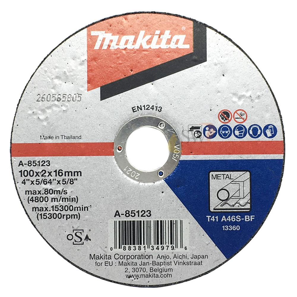 A-85123 ใบตัดเหล็ก MAKITA 4" 100x2x16mm A46S