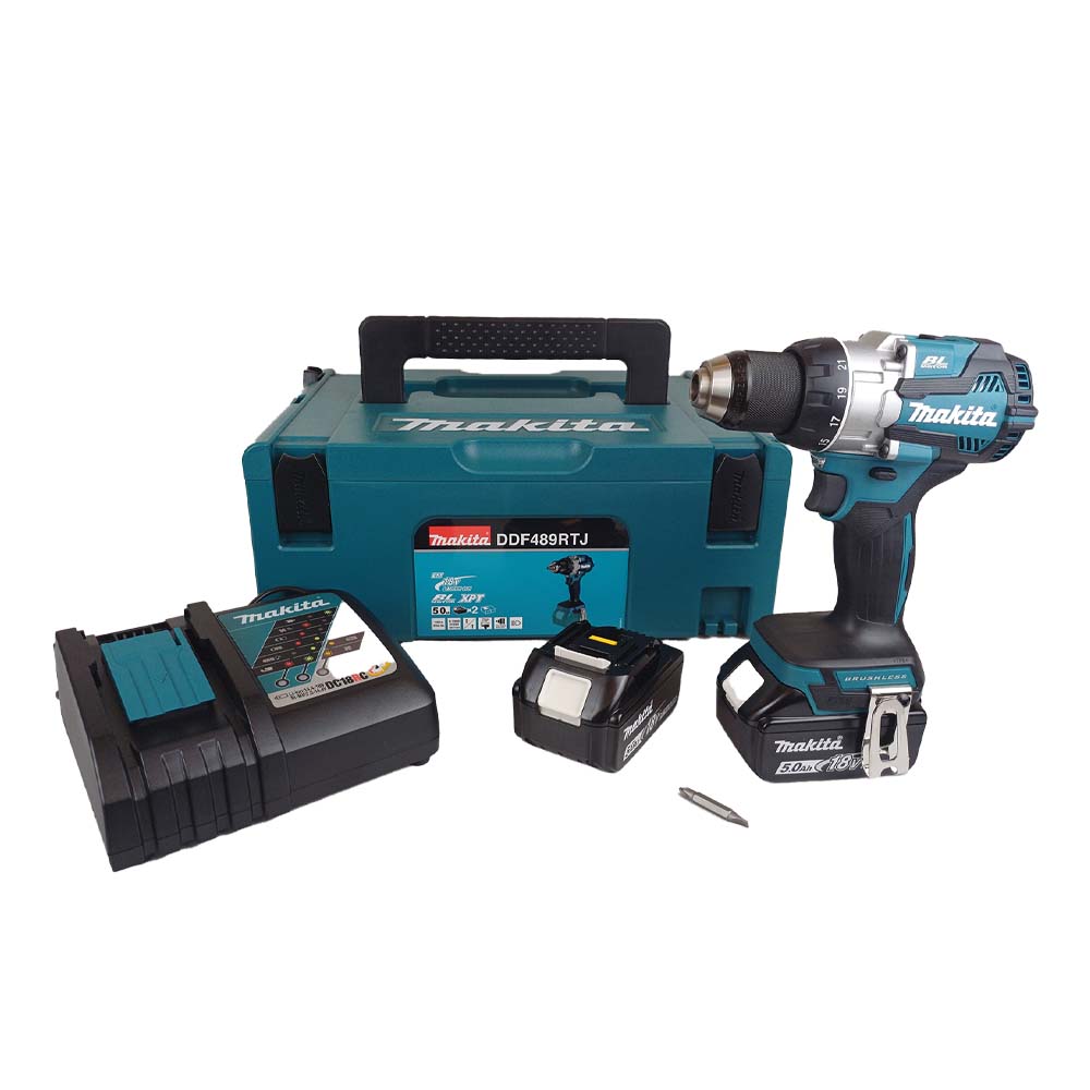 DDF489RTJ  ชุดสว่านไร้สาย 18V LXT BL Cordless 13 mm (1/2") 80 N?m (700 in.lbs.) พร้อมแบตเตอรี่ 5.0 แอมป์ (BL1850B) จำนวน 2 ก้อน และแท่นชาร์จแบบเร็ว (DC18RC) บรรจุในกล่อง MAKPAC