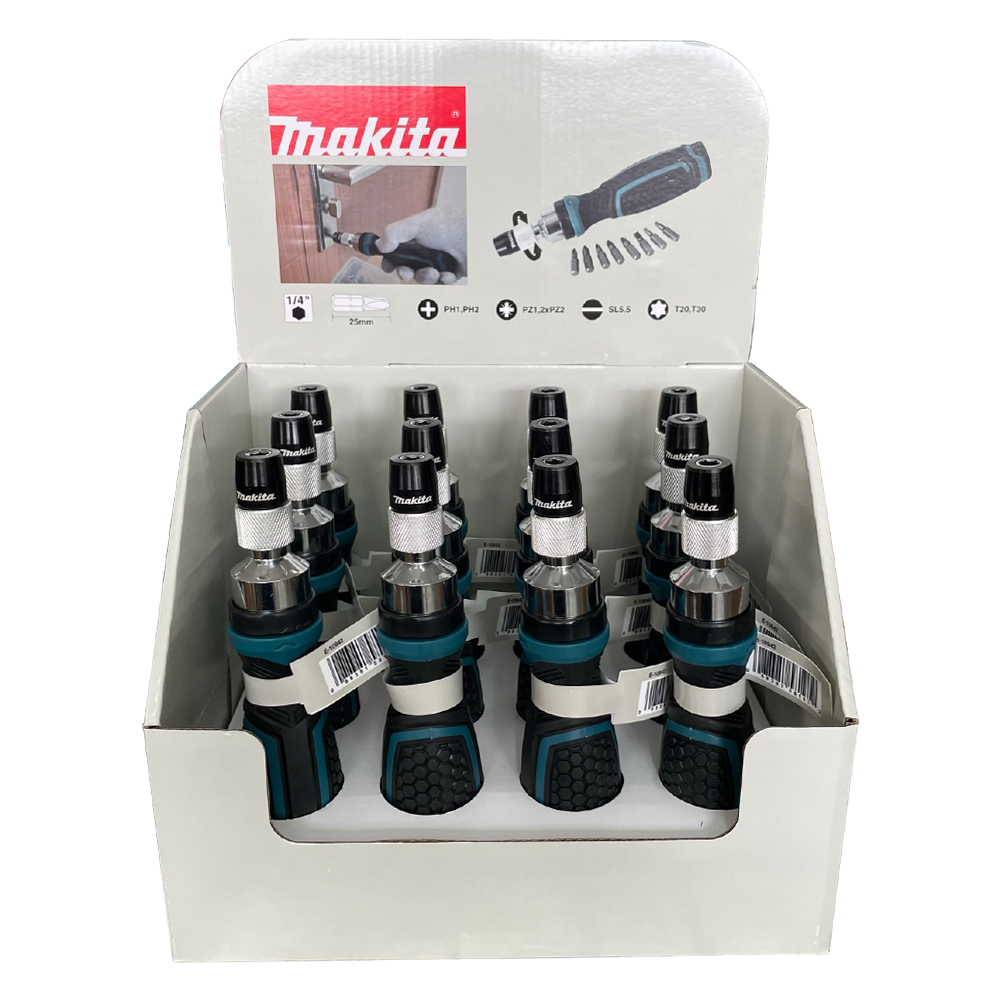 E-10942-12 ไขควงด้ามฟรี พร้อมชุดดอกไขควงขนาด PH1, PH2, PZ1, PZ2x2, T50, T30, SL5.5 (8ชิ้น) (1กล่อง/ 12ชิ้น)